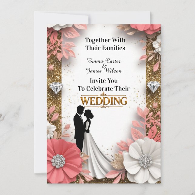 🌷 Peach Floral Frame With Gold Wedding 💍 Invitation (Front)