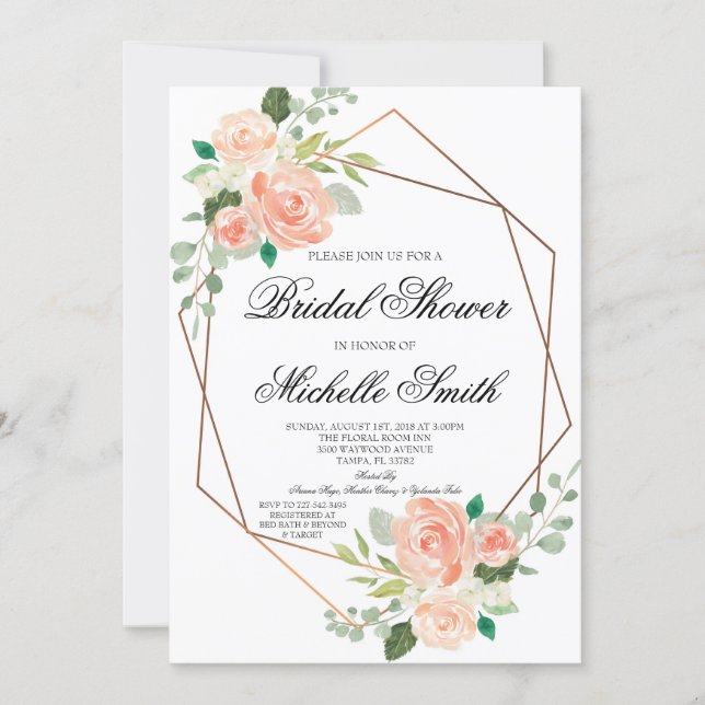 Peach Floral Geometric Bridal Shower Invitation (Front)
