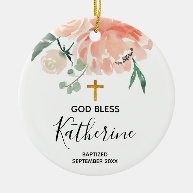 Peach Floral Girl Baptism Ornament (Front)