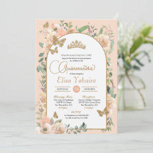 Peach Floral Gold Butterfly Watercolor Quinceañera Invitation