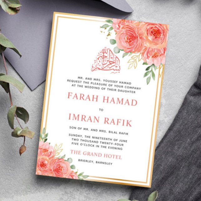 Peach Floral Gold Frame Islamic Muslim Wedding Invitation (Creator Uploaded)