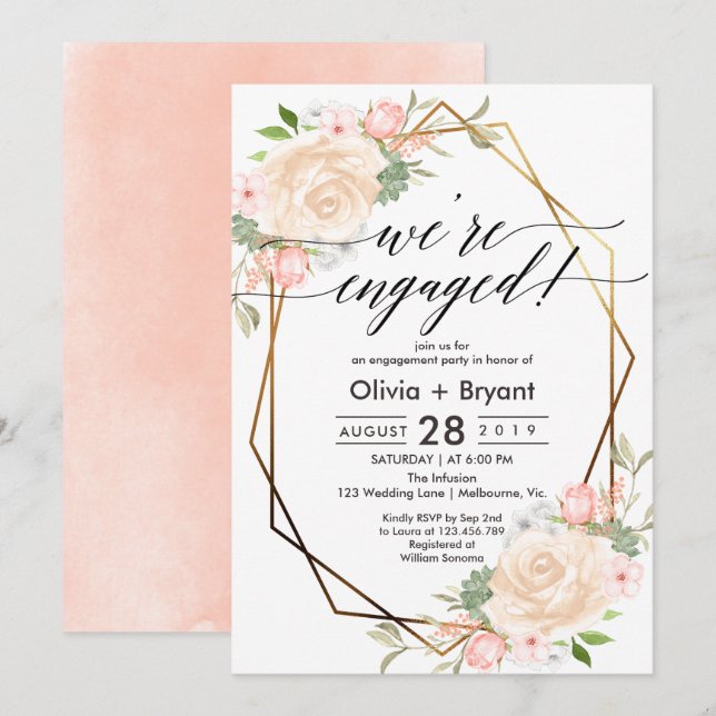 Peach floral gold geometric frame engagement party invitation (Front/Back)