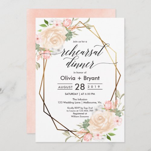 Peach floral gold geometric frame rehearsal dinner invitation