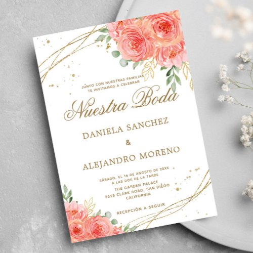 Peach Floral Gold Nuestra Boda Spanish Wedding Invitation