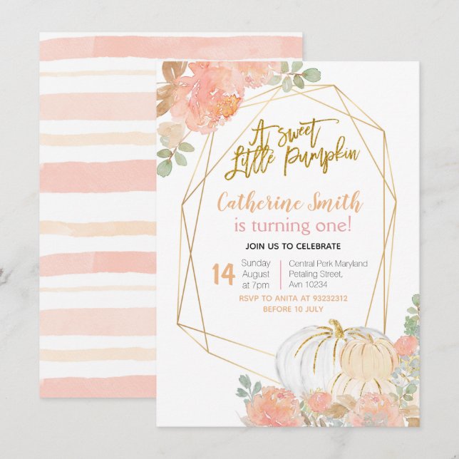 Peach Floral Gold Pumpkin 1st Birthday Invitation (Front/Back)
