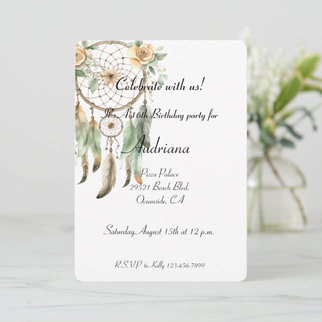 Peach Floral Green Dream Catcher Birthday  Invitation (Standing Front)
