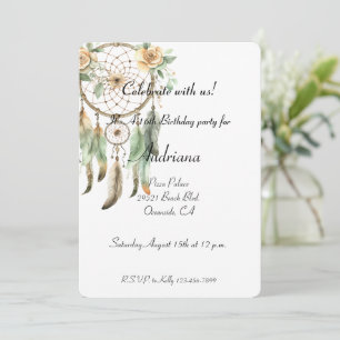 Peach Floral Green Dream Catcher Birthday Invitation