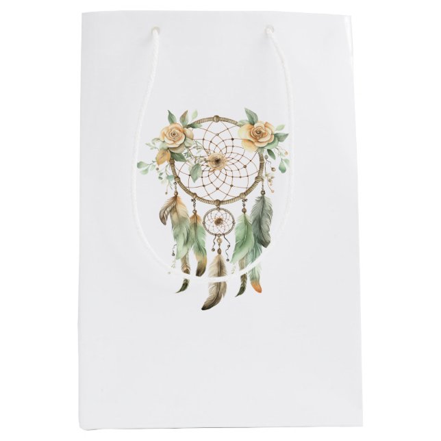 Peach Floral Green Dream Catcher Birthday  Medium Gift Bag (Front)