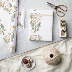 Peach Floral Green Dream Catcher Birthday Wrapping Paper