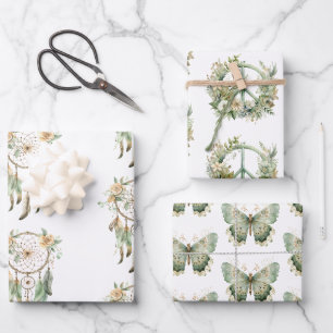 Peach Floral Green Dream Catcher Birthday  Wrapping Paper Sheets