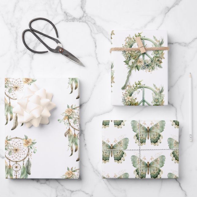 Peach Floral Green Dream Catcher Birthday  Wrapping Paper Sheets (Front)