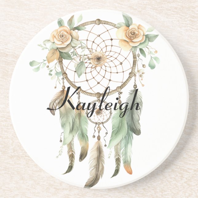Peach Floral Green Dream Catcher   Coaster (Front)