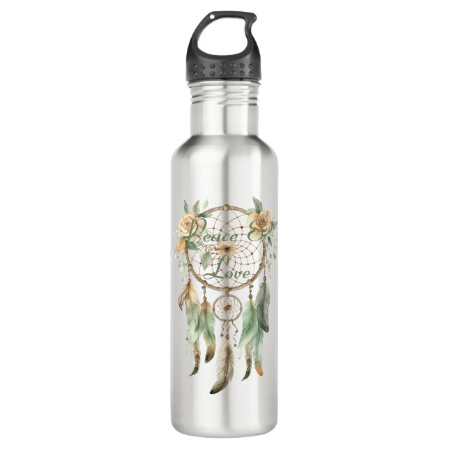 Peach Floral Green Dream Catcher Peace Stainless Steel Water Bottle (Front)