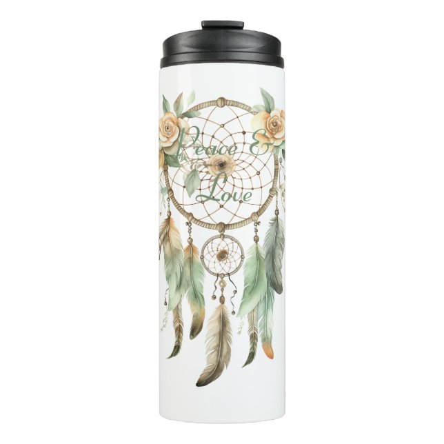 Peach Floral Green Dream Catcher Peace Thermal Tumbler (Front)