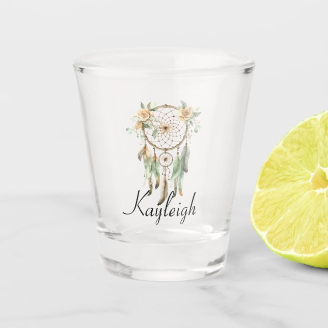 Peach Floral Green Dream Catcher   Shot Glass (Front)