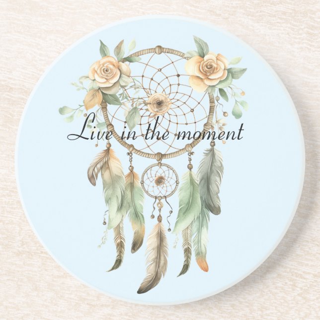 Peach Floral Green Feathers Dream Catcher Coaster (Front)