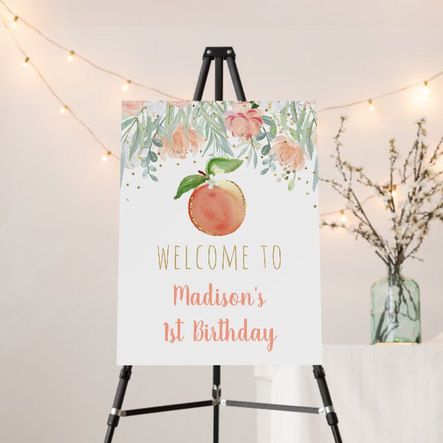 Peach Floral Greenery Birthday Welcome Foam Board (In Situ (Stand))