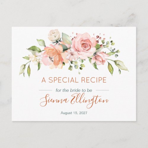 Peach floral  Greenery Bridal Shower recipe Postcard