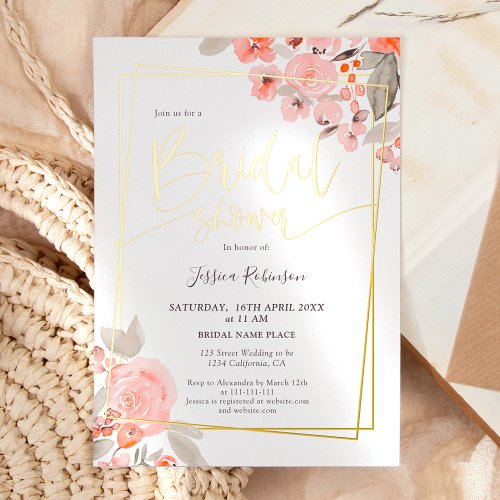 Peach floral greenery gold script bridal shower foil invitation