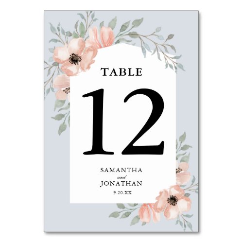 Peach Floral Greenery Light Dusty Blue Wedding Table Number