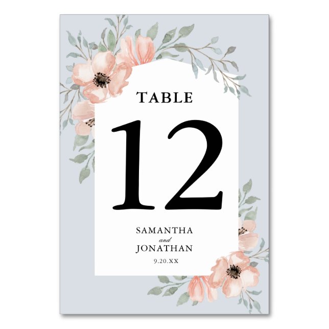 Peach Floral Greenery Light Dusty Blue Wedding Table Number (Front)