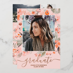 Peach floral greenery script 3 photos graduation foil invitation