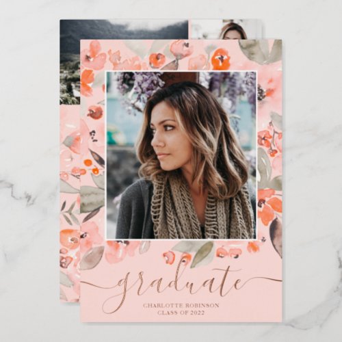 Peach floral greenery script 3 photos graduation foil invitation