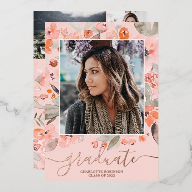 Peach floral greenery script 3 photos graduation foil invitation (Front/Back)