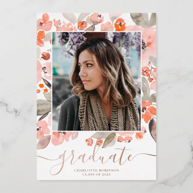 Peach floral greenery script 3 photos graduation foil invitation | Zazzle