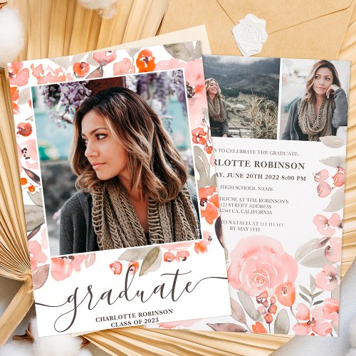 Peach floral greenery script 3 photos graduation invitation