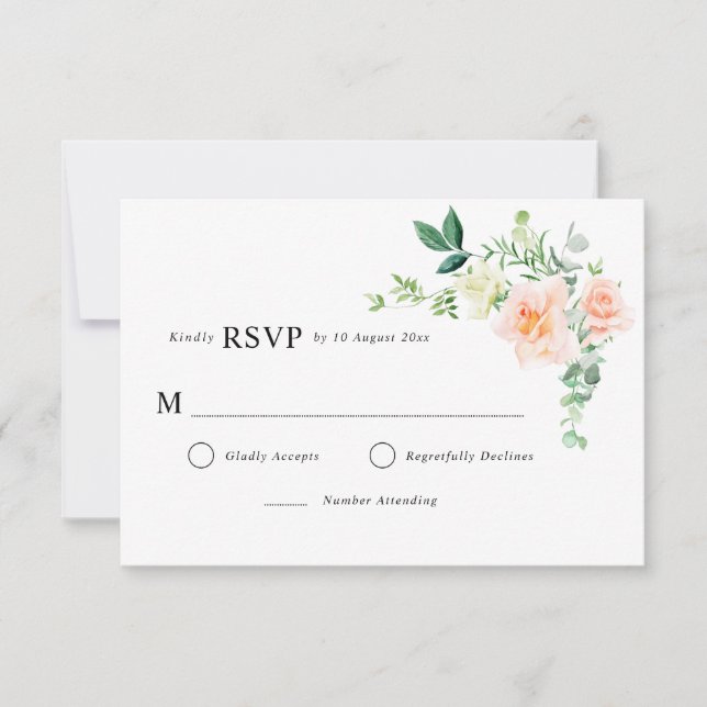 peach floral greenery wedding RSVP card (Front)