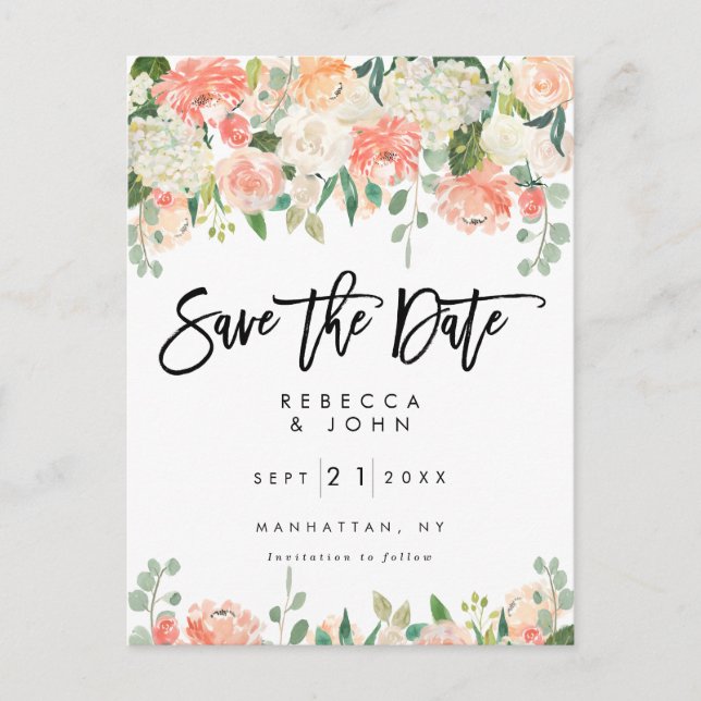 peach floral greenery wedding save the date card (Front)