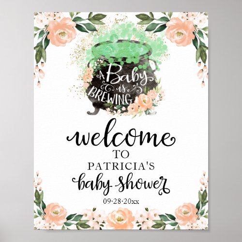 Peach Floral Halloween Baby Shower Welcome Sign 