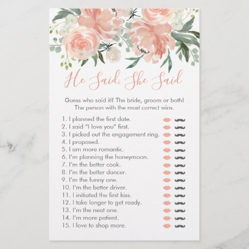 Peach Floral He Said She Said Bridal Shower Game