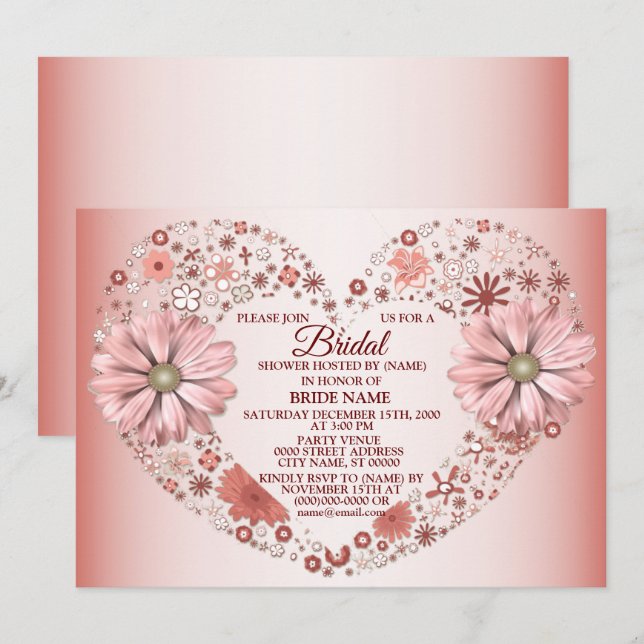 Peach Floral Heart Modern Bridal Shower Party Invitation (Front/Back)