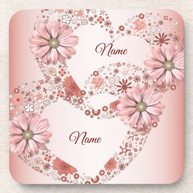 Peach Floral Heart Modern Party Beverage Coaster (Front)