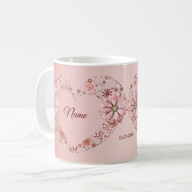 Peach Floral Heart Modern wedding Gift Coffee Mug (Front Left)