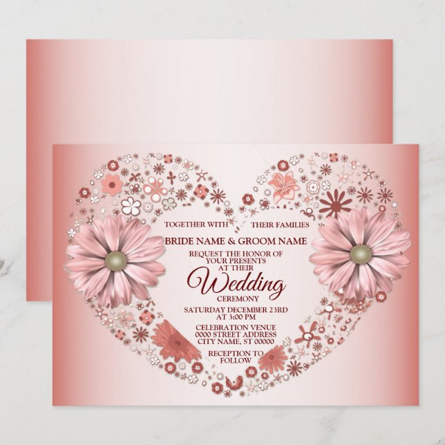 Peach Floral Heart Modern Wedding Invitation (Front/Back)