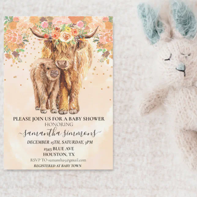 Peach Floral Highland Cow Calf Baby Shower Invitation | Zazzle