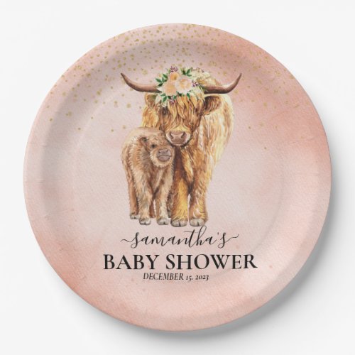 Peach Floral Highland Cow Calf Baby Shower  Paper Plates