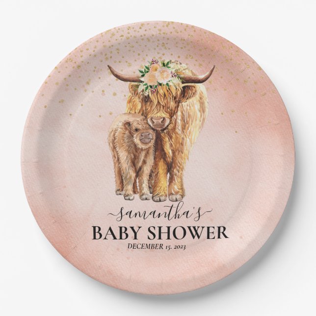 Peach Floral Highland Cow Calf Baby Shower  Paper Plates (Front)