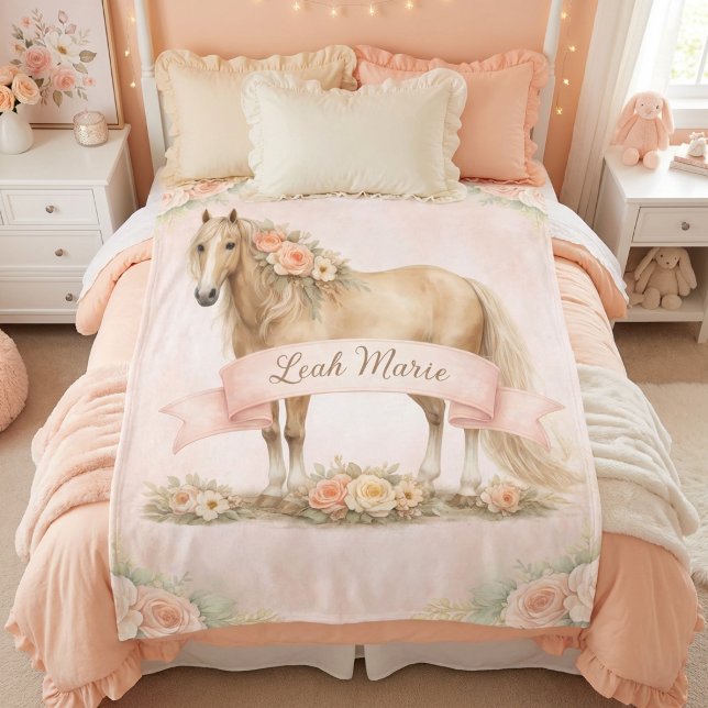 Peach Floral Horse Personalized Name  Fleece Blanket (Creator Uploaded)