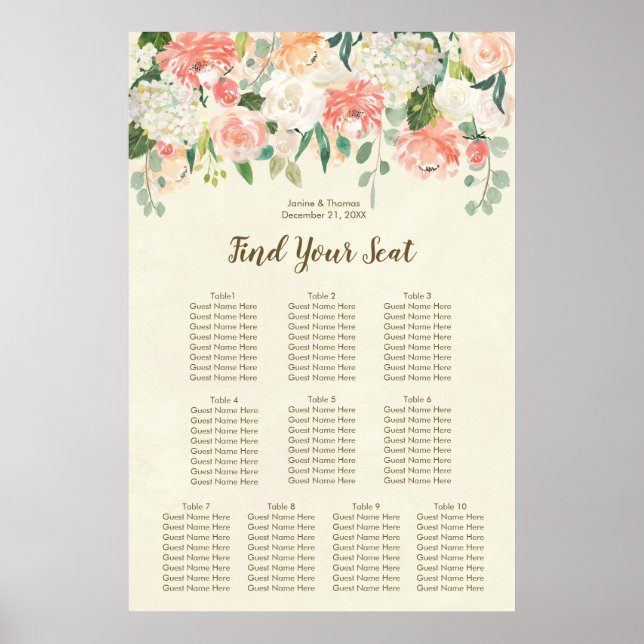 peach floral ivory wedding seating chart plan (Front)