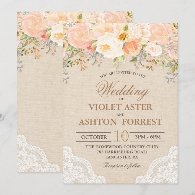 Peach Floral Lace Wedding Invitation (Front/Back)