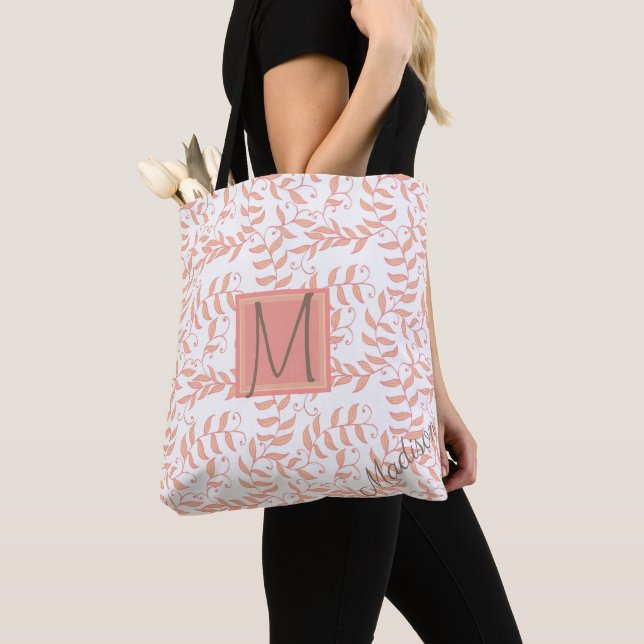 Peach Floral Leaf Natural Trendy Monogram Tote Bag (Close Up)