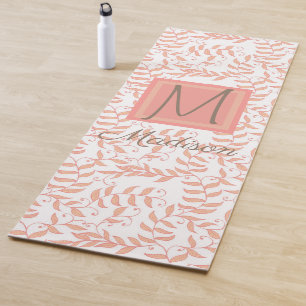 Peach Floral Leaf Natural Trendy Monogram Yoga Mat