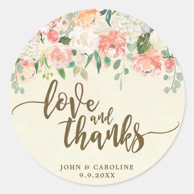 peach floral love and thanks favors sticker (Front)