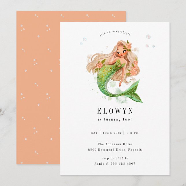 Peach Floral Mermaid Birthday Party Invitation (Front/Back)