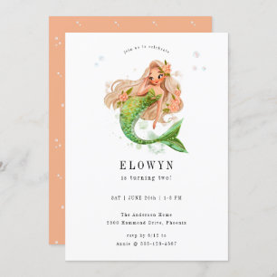Peach Floral Mermaid Birthday Party Invitation