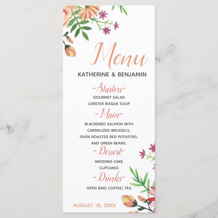 Peach Floral Modern Wedding Menu | Zazzle